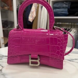 Balenciaga Small Top Handle Satchel in Bright Fuchsia Croc-Embossed Leather